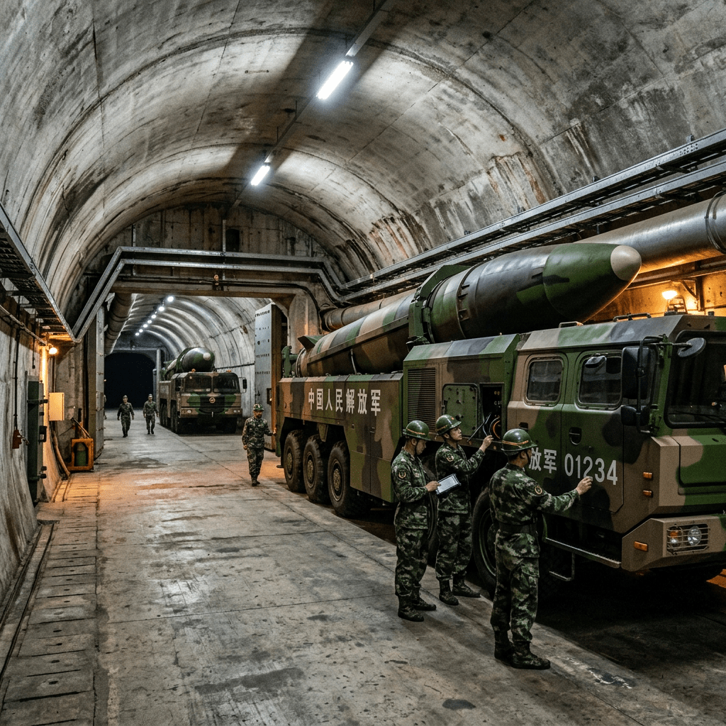 Soldiers inspecting large camouflaged missile vehicles inside a concrete underground tunnel