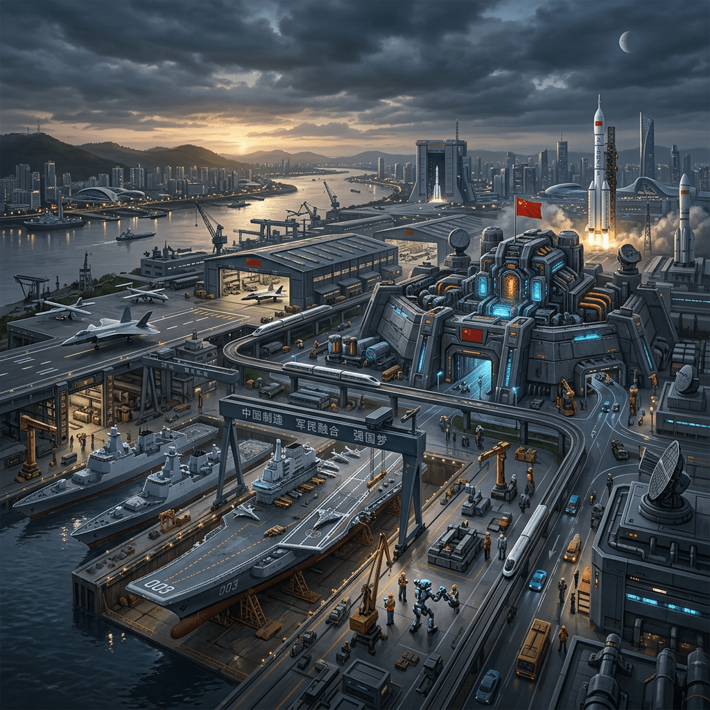 Futuristic Chinese military-industrial complex with aircraft carriers, jets, rockets, and advanced technology